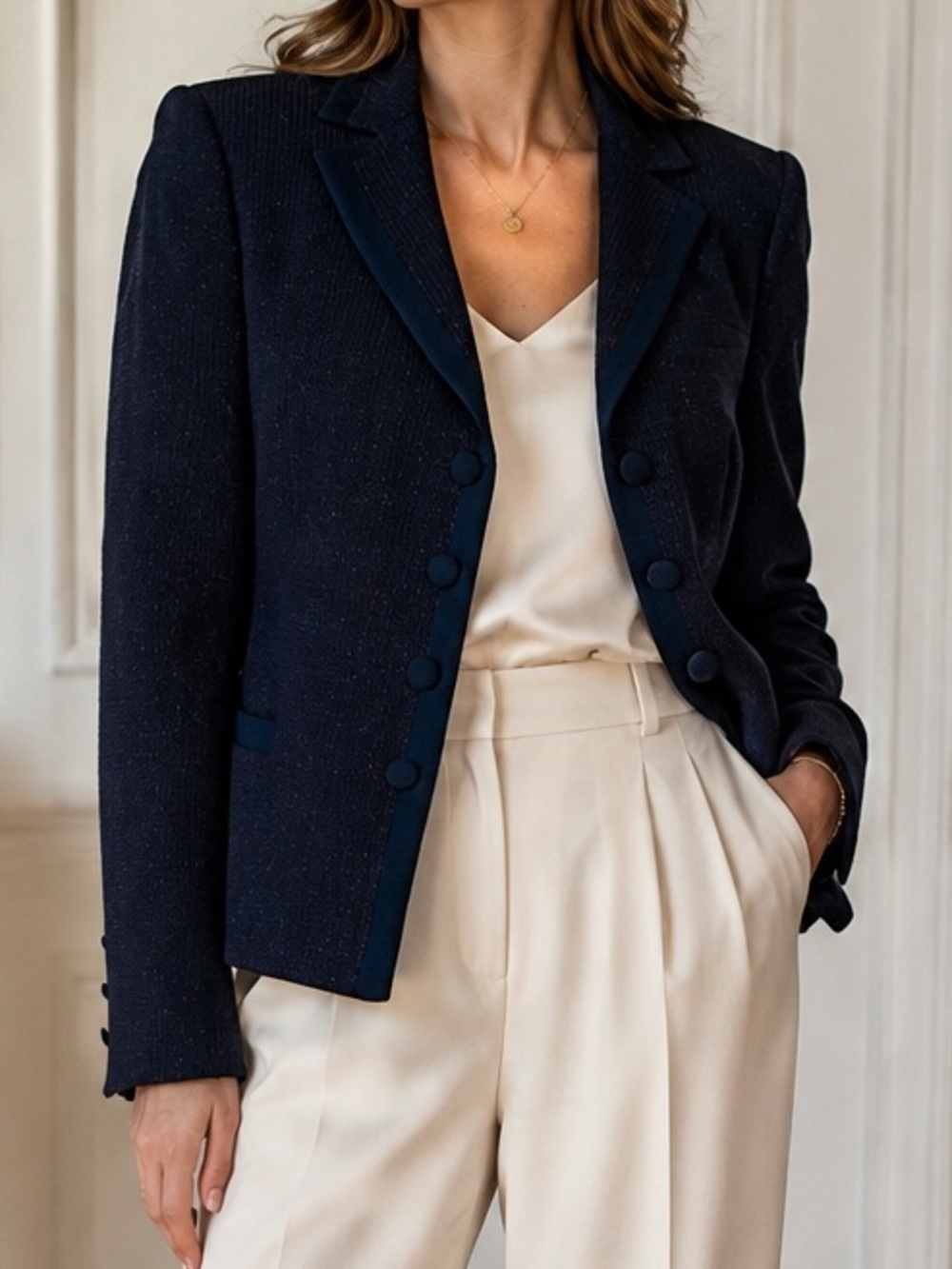 Vintage Louis Feraud Virgin Wool Navy Blue Satin Trim Tailored Blazer Jacket 12